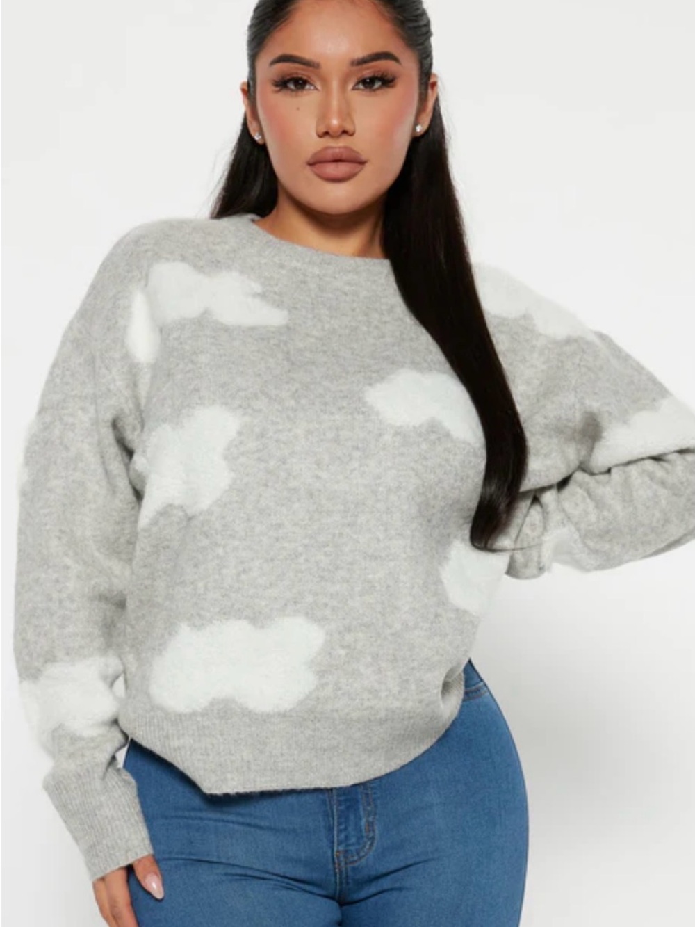 Fashion Nova Grey & White Cloud Crewneck Sweater